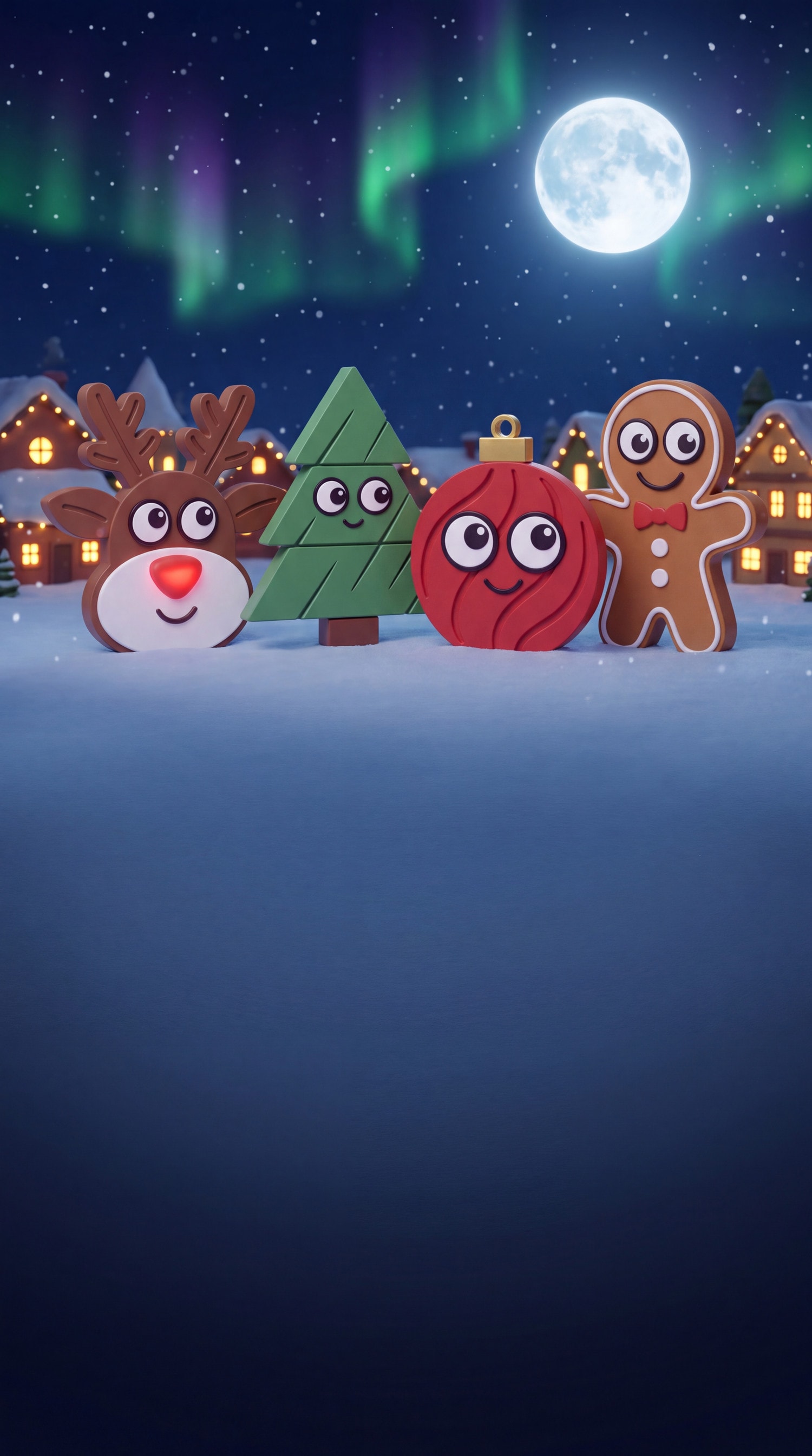 Les quatre magnets du calendrier de l'Avent : un renne, une boule de Noël, un biscuit et un sapin, debout dans la neige devant une maison illuminée