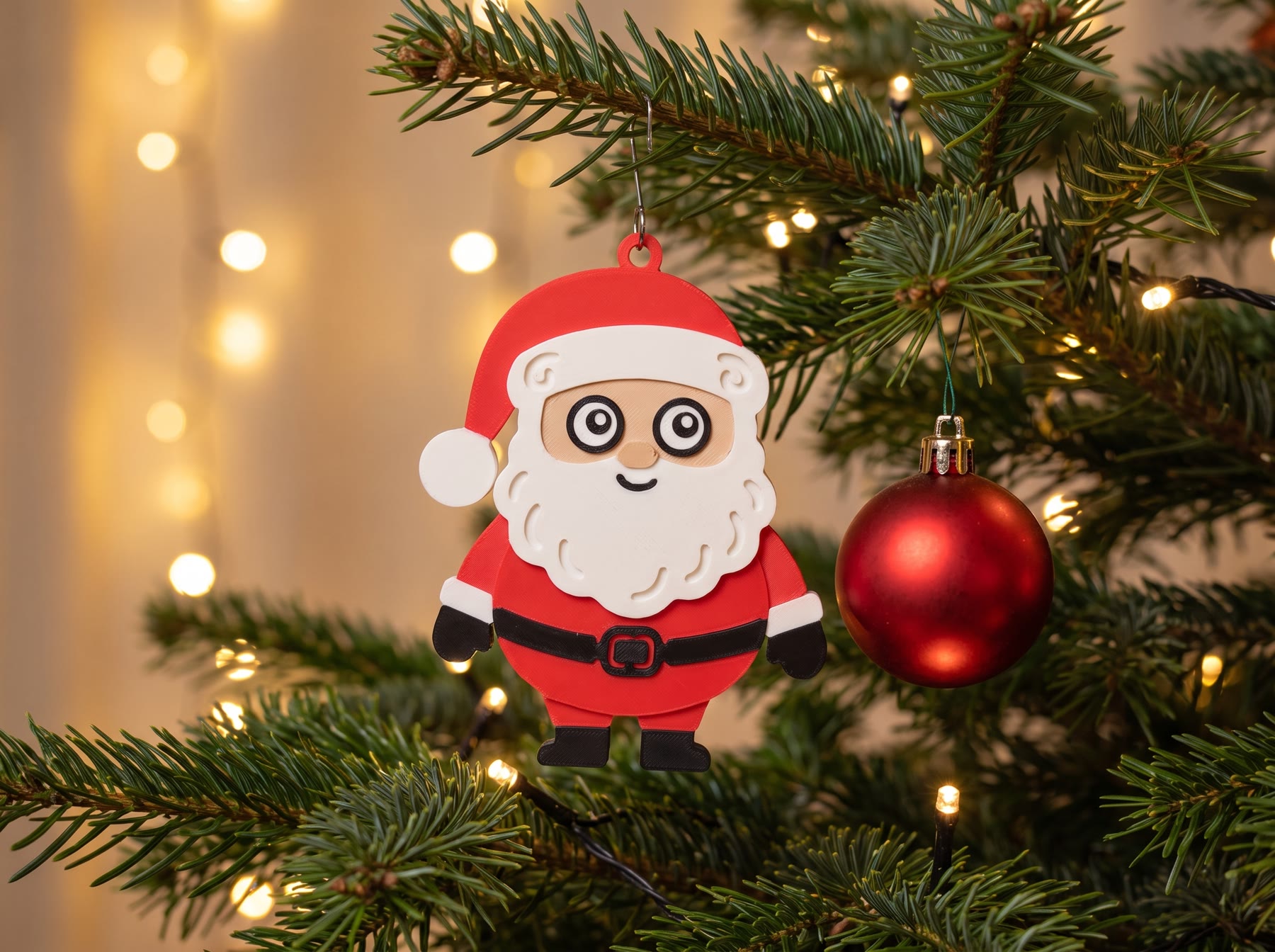 Le magnet Père Noël imprimé en 3D, accroché dans un sapin illuminé à côté d'une boule rouge